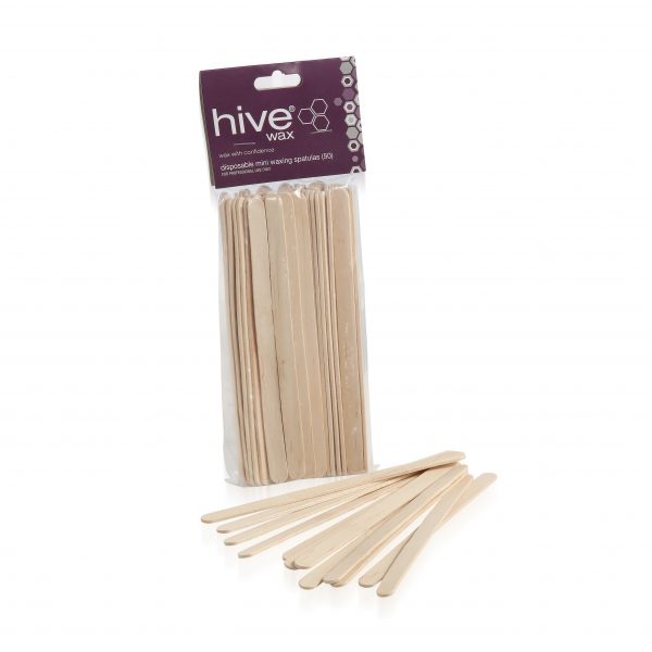 Hive Disposable Mini Spatula. Thin, flat, round ended birchwood spatulas are thinner in width making them ideal for eyebrow and facial waxing.