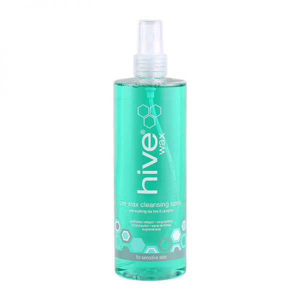 Hive Pre-Wax Cleansing Spray. Effectively removes deodorant, make up and body oils prior to waxing. Contains Tea Tree and Lemon essential oils.