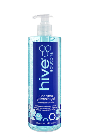Hive Aloe Vera Galvanic Gel. For combination/oily skin types. For both positive (+) and negative (-) settings during facial galvanic. Promote skin softness.