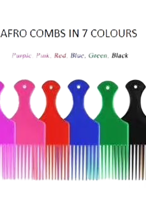 Afro Comb. Great for people with Afro/Thick Curly/Frizzy hair. Lifts hair from scalp outward. Wide teeth and a short handle, can be used to tease hair.
