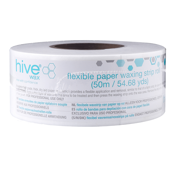 Hive Flexible Paper Waxing Strip Roll. Provides a flexible application and removal. Ideal for all waxing treatments. 50m x 7.5cm.