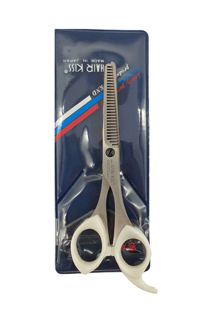 KND Hair Kiss Thinning Scissors. Cuts your hair in even sections to reduce thickness. Stainless Steel Blade. Plastic Handle. 6 inches. Made in Japan.