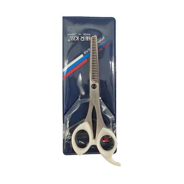 KND Hair Kiss Thinning Scissors. Cuts your hair in even sections to reduce thickness. Stainless Steel Blade. Plastic Handle. 6 inches. Made in Japan.