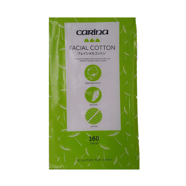 Carina Facial Cotton. A natural & hygienic way to remove make-ups, cleanser, manicure, lotion & cream. 160 Pieces. 100% Pure Cotton. Ultra Soft. Lint Free. No Synthetic Fiber Content.