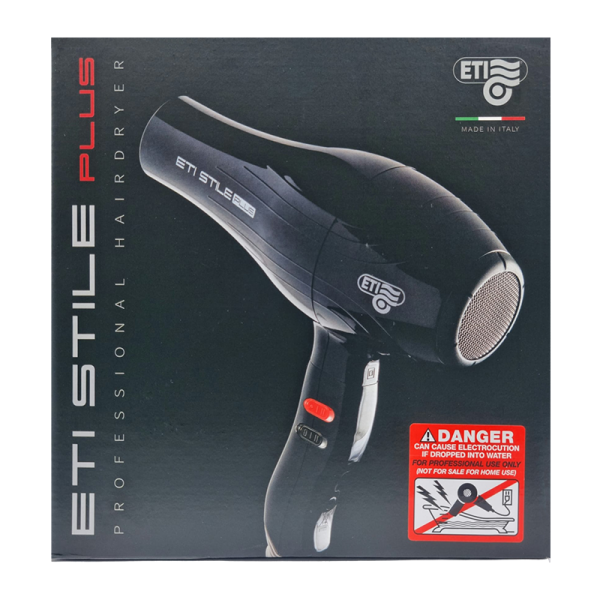 ETI Stile Plus Hairdryer. Wattage: 2,000 - 2,200W. High Speed, Lightweight Low Noise Professional AC Motor. 4 Heat, 2 Speed Setting. Made in Italy.
